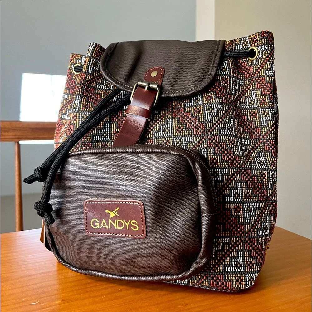 NWT Gandy's Brown Woven Boho Canvas Mini Backpack Knapsack Travel Bag Eco Rare
